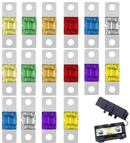 Bolt-on Fuse, 16 Pcs Midi Fuses, 20/30/40/50/60/80/100/120 A Automobile Fuses Compatible with Midi Fuse Holders for Cars Trucks Marine Construction Vehicles Buses Caravans
