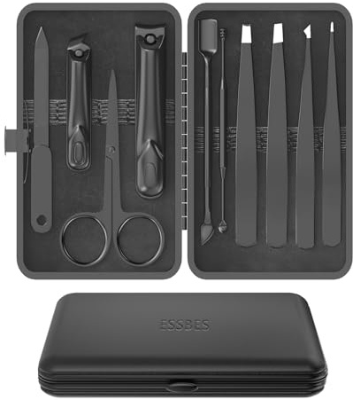 ESSBES Set Manicure 10 in 1 in Acciaio Inox con Tagliaunghie, Forbici, Pinzette e Kit per la Cura Delle Unghie con Custodia da Viaggio (Nero)