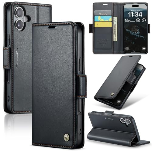Rerzoiro fodral för iPhone 17, premium PU-läder telefonfodral med RFID-blockering, ställ, kortplats, magnetiskt skydd, flip bok plånboksfodral för iPhone 17, Svart