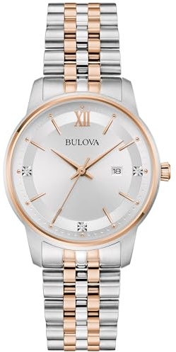 Bulova Ladies Quartz Dress Classic Watch, Two-Tone Stainless Steel Bracelet, Silver-White Dial, 3 Hand, Calendar (Style: 98P236)