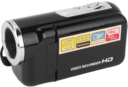 Plyisty Cámara de Video Digital, Pantalla de 2 Pulgadas de 380p de 16MP, Zoom de 16x y Micrófono Externo, Grabación de Bucle, Marca de Tiempo, Pausa, para PC, Montaje en Trípode (Black)