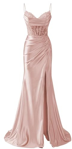 ZOOYYUE Damen Meerjungfrau Satin Abendkleider - Spaghetti-Träger Spitze Ballkleider Damen Lang Pailletten Perlen Festliche Kleider für Damen