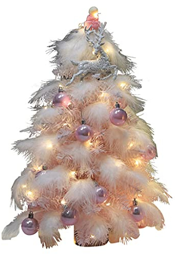 Lodoot Árbol de Navidad rosa para mesa, árbol de Navidad artificial, tela blanca