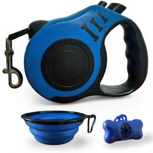 Hundeleine Reiseset 3in1 mit 5 m Rollleine Automatik, faltbarem Napf & Kotbeutelspender – Blau