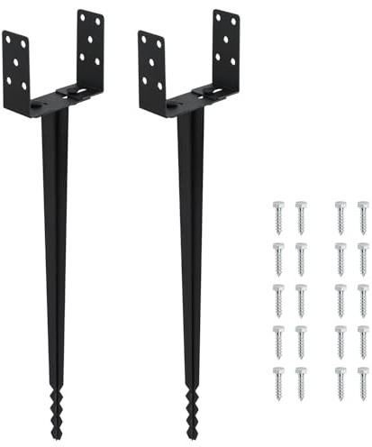 ISOISL Lot de 2 supports de poteau - Douilles de sol avec double base en L réglable et pointe en dents de scie - Douille à enfoncer en fer de 50 cm - 0-80 mm - Noir - Pour clôtures, abris de voiture