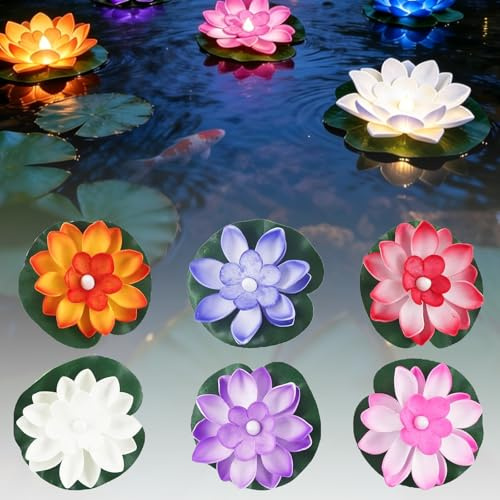 Auzlya 6 Stück Schwimmende Lotuslichter,LED Schwimmende Blumen | Künstliche Seerosen,Seerose Lotusblüte,Nachtlampe Lotusblüte Lotusblatt Teichlicht,für Garten Schwimmbad,Outdoor Dekoration