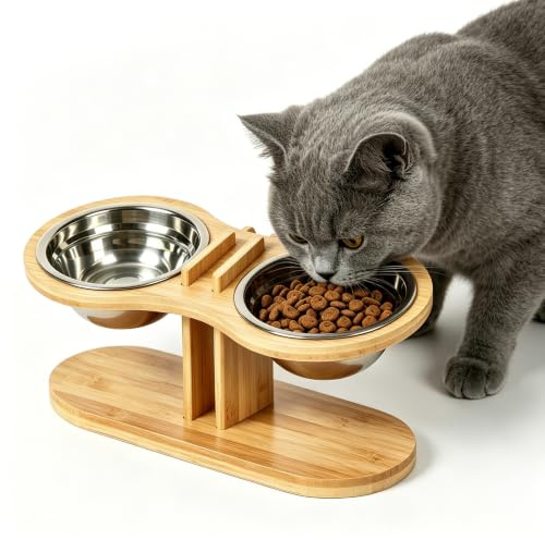 Lot 2 Gamelles Surélevées pour Chat, Station d'alimentation Surélevée pour Chat, Station d'alimentation Surélevée avec 2 Gamelles, 15° incliné Hauteur Réglable pour Eau Et Nourriture