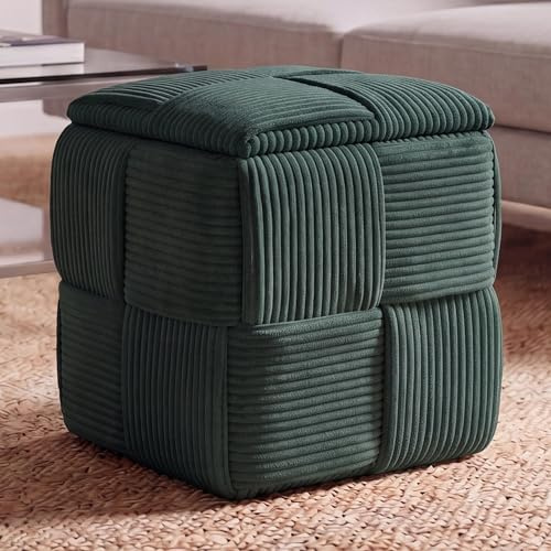 Mendler Hocker HWC-Q47 43x40x40cm Stoff - grün | Sitzhocker, Ottomane, Polsterhocker, Pouf, Deckel, Staufach, Cord (260g/m²)