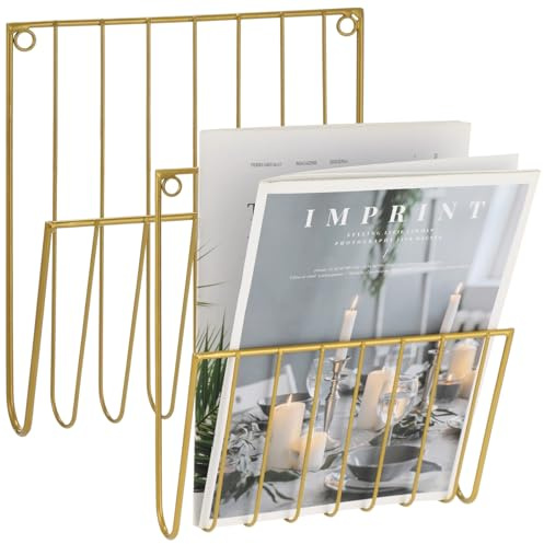 Texvora Zeitschriftenhalter zur Wandmontage, Metall, Eisen, platzsparend, zum Aufhängen, Aufbewahrungsregal für Post, Zeitung, Broschüre, Heimbüro, Wohnzimmer, dekorativer Dokumentenhalter (Gold)