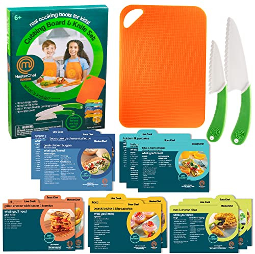 MasterChef Junior Kids Knife & Cutting Board Set- Includes Real Cutting Tools and 15 Cooking Baking Recipes- Silicone Non Slip Grip for Easy Use & Food Safe for Children- Party Activity Supplies Gift