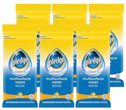 Pledge Multi-Surface Furniture Polish Wipes, Works on Wood, Granite, and Leather, Cleans and Protects, Fresh Citrus - Pack of 6 (150 Total Wipes)