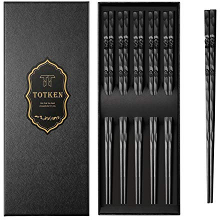 TOTKEN Essstäbchen, 5 Paar wiederverwendbare schwarze spülmaschinenfeste, rutschfeste Essstäbchen mit Geschenkbox (Vintage-Stil)