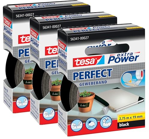 tesa extra Power Perfect Gewebeband im 3er Pack - Gewebeverstärktes Ductape zum Basteln, Reparieren, Befestigen, Verstärken und Beschriften - Schwarz - 3 Rollen je 2,75 m