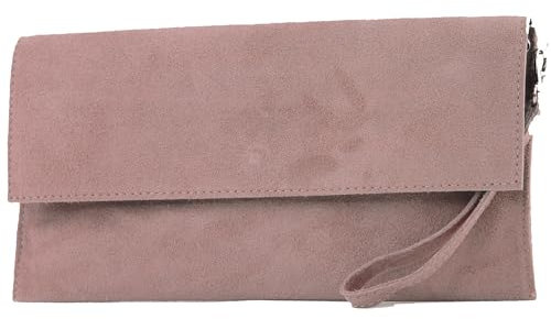 modamoda de T151 Damen Wildleder Rauleder Clutch Umhängetasche Abendtasche handmade in Italy, Farbe:Rosabeige hell