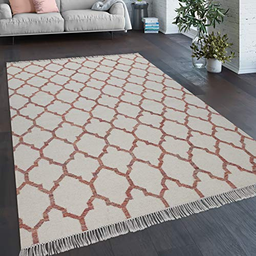 Paco Home Matta vardagsrum marockanskt mönster fransar handvävd ull beige röd, storlek: 120 x 170 cm