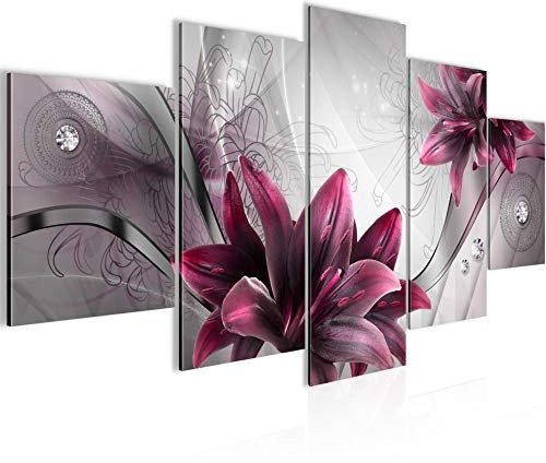 Runa Art Wandbilder Blumen Lilien 5 Teilig Bild auf Vlies Leinwand Deko Wohnzimmer Abstrakt Grau Rot 036852a