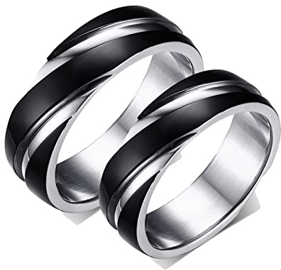 Bishilin Trauringe Paar Edelstahl, Schwarz Silber Ringe 6MM Damen Gr.57 (18.1) + Herren Gr.62 (19.7) Eheringe Nickelfrei Hochzeit Ringe Set