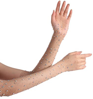 Kvinnor strass fisknät långa handskar nät glittrande glitter mode opera handskar för fest halloween kostymer tillbehör, NAKEN, One Size