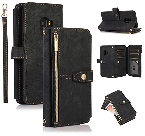 UEEBAI Étui pour Samsung Galaxy S9, Portefeuille Cuir PU Rétro Rabat Antichoc Housse avec Dragonne Fentes Cartes Fonction Support Fermeture Magnétique - Vintage Noir