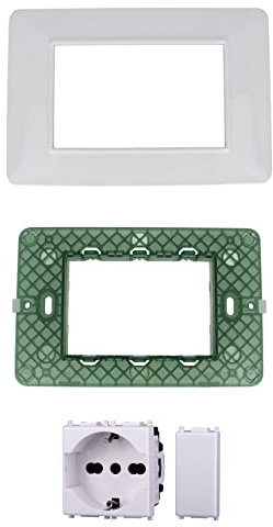 Di Tutto Per Tutti® - Set Completo 4 Pezzi, Placca 3M Da 3 Posti, Supporto 3M 3 Posti, Schuko 2P+T 16A, Copriforo 1M Compatibile Vimar Plana Bianco