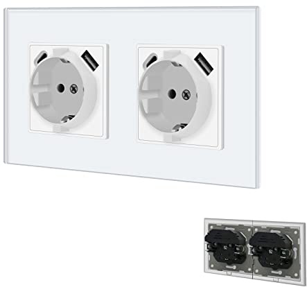 BSEED Schuko Steckdose mit USB/Typ C 16Amp Steckklemme, 3.1A Doppeltyp C 157mm Wandsteckdose, Einbau-USB Steckdose Weiß