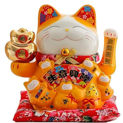 Mkuha Maneki Neko Winkekatze Glückskatze Glücksbringer Winkende Katze aus Porzellan, Keramisch Statuette für Zuhause Büro und Laden Dekoration,Orange Yellow,1