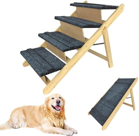 LZQ Scala per cani 2 in 1, pieghevole, per cani di piccola taglia e gatti, scala portatile per animali domestici, in legno, con tappeto antiscivolo per letto, divano, fino a 80 kg