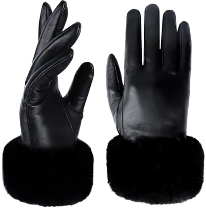 Yicorgard Lederhandschuhe Damen Pelz Leder Handschuhe Winter Warme Handschuhe Schwarz Manschette Touchscreen Fahren Handschuhe