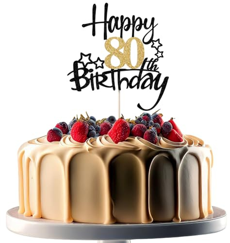 JEKUGOT 80th Birthday Cake Toppers, Black and Gold Glitter Cake Decorations, Happy 80th Birthday Cake Toppers for Men and Women Themed Party (1pcs)