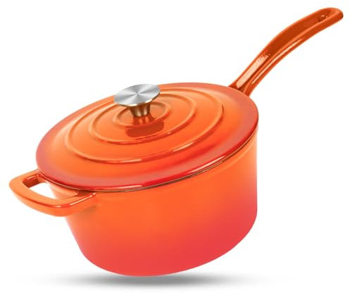 Enameled Cast Iron Sauce Pan, 2 Quart Round Sauce Pot with Lid, Mini Dutch Oven Enamel Saucepan for Cooking, Marinate, Cook, Refrigerate and Serve, Flame Orange