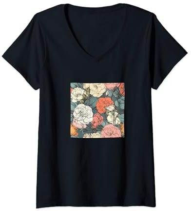 Damen Begonie Floral Blumen Muster Grafik T-Shirt mit V-Ausschnitt