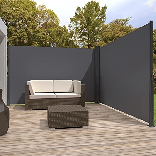 Zlinke Seitenmarkise mit Stahl-Kasten, rostbeständig, ausziehbar, 167 x 700 cm, Sichtschutz, Sonnenschutz, Blickdicht, Seitenrollo, für Balkon, Terrasse, Garten (Grau)