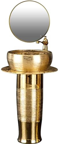 ZTGL Waschbecken Waschtisch Standwaschbecken für Badezimmer Keramik Art Handwaschbecken Säulen-Waschplatz Waschschale Gold Handgebürstet,Sink + Mirror