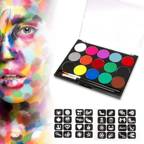 Ikadiya Peinture Visage Corps Kit, 15 Couleurs Peinture Visage avec 2 Pinceaux, 4 Pochoirs, Palette de Maquillage, pour le visage et le corps, Halloween Noël Maquillage Fluo