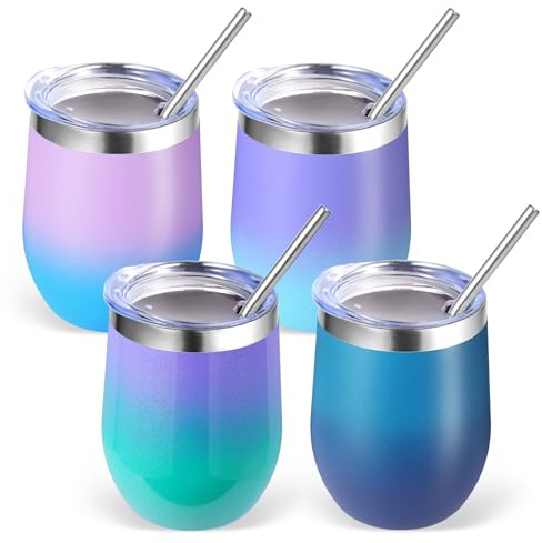 Volhoply 350 ml rostfritt stål vinglas med lock bulk 4-pack, 350 ml dubbelvägg vakuum stamlösa vinglas, metall resekaffemugg med sugrör, isolerade koppgåvor till jul (blandade, 4 set)