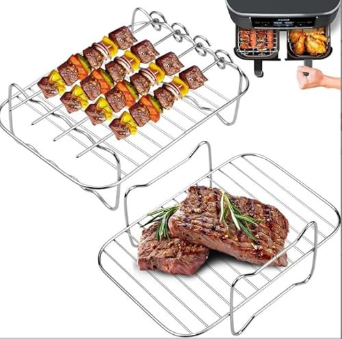 LURNODY 2 Stück Gitter für Heißluftfritteuse Grillrost, Air Fryer Rack, Edelstahl Zubehör Heißluftfritteuse Kompatibel Mit Den Meisten Heißluftfritteusen AF300EU, AF400EU, Wird Mit 4 Spießen