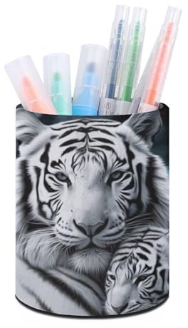 DWTJKMS Pot à crayons en cuir avec motif tigre blanc pour bureau - Organisateur de stylos mignon pour pinceaux de maquillage - Multifonctionnel - Fournitures de bureau - Rangement d'accessoires de