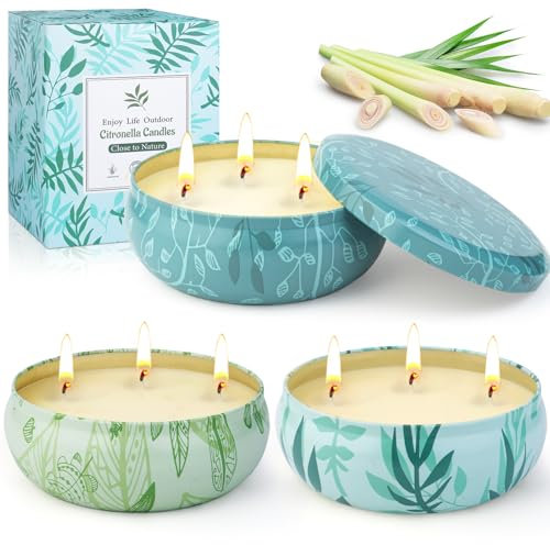 Candele alla Citronella per Esterni, Grandi 3x12OZ Candele alla Citronella da Giardino,Combustione Lunga 240 ore per Interni ed Esterni,Candele in Cera di Soia Naturale per Giardino,Cortile,Campeggio