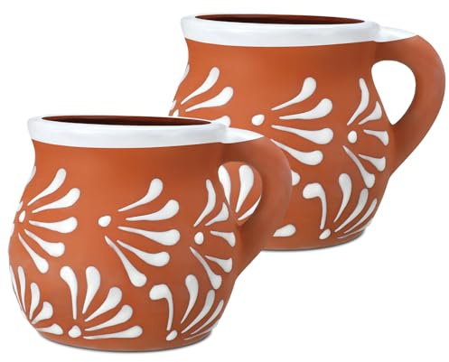 Baderke 2 Pack Mexican Pottery Mugs Mexican Coffee Mugs Clay Cups for Women Men Birthday Graduation Wedding Holiday Parties Gifts, White Terracotta Design, 12 oz
