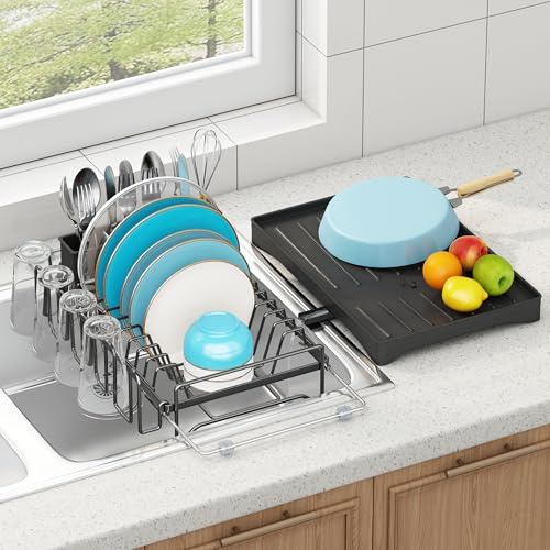 ANTOPY Dish Drainer Rack - Expandable Dish Drainer, Space Saving Dish Rack for Kitchen Counter with Drip Tray, Stainless Steel Over Sink Drainer Rack with Draining Board, Cutlery Holder, Cup Rack