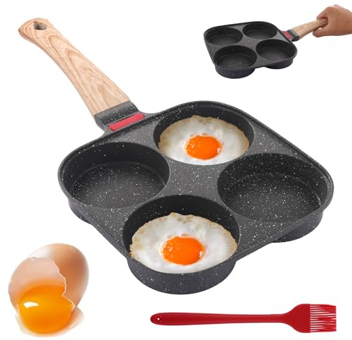 YAYODS 2Pcs Non Stick Egg Pan, Fried Egg Pan with 4 Hole, Aluminium Omelet Skillet with Wood Handle, for Electric, Gas, Induction Hobs, All Stovetops, Easy to Clean