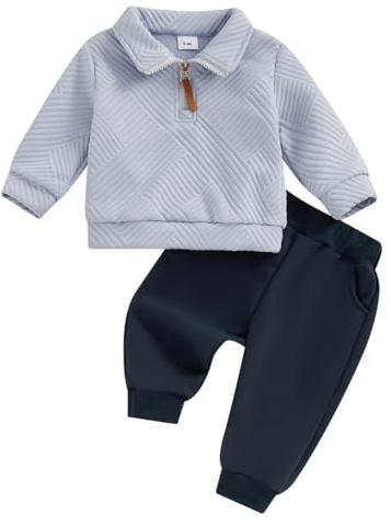 LUVCES Vêtement Bébé Garçon Manche Longue col Rabattu Uni/à Carreaux Sweatshirt +Pantalon 2 Pièces Automne Hiver Ensemble de Survêtement Fermeture éclair type bleu marine 6-12 Mois