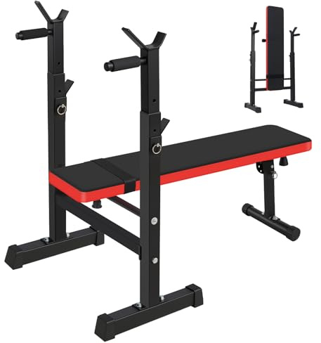 Chiidou Weight Bench with Height-Adjustable Barbell Rack, Folding Bench Press Workout Bench with Dip Station, Weight Lifting Strength Training Bench for Home Gyms