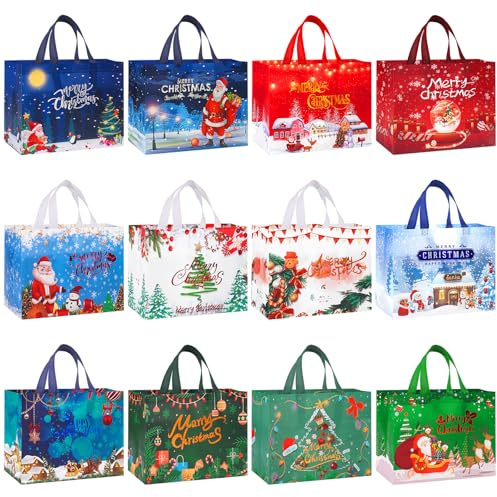 12Stück Geschenktüten Weihnachten 32x17x25cm, Weihnachtstaschen mit Griff | Langlebig, Wasserdichte, Schimmernde Goldfolie Design für Weihnachtsgeschenke, Party & Einkaufen (12 Verschiedene Design)