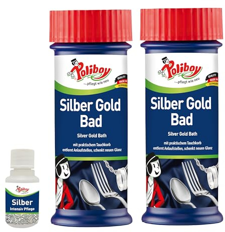 POLIBOY Silber Gold Bad - Tauchbad zur Glanzauffrischung – Entfernt dunkle Anlaufstellen und schenkt Schmuck neuen Glanz - 2 x 375 ml – inkl. Produktprobe - Made in Germany