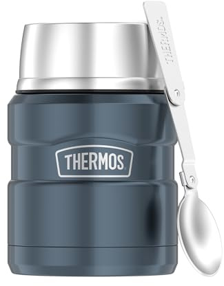 Thermos STAINLESS KING Thermobehälter 0,47 l, 9 h heiß, ice grey | 14h kalt, absolut dicht, Edelstahl-Isolierbehälter für Essen, mit Löffel, Lunchpot für Suppen & Mahlzeiten, eisblau glänzend