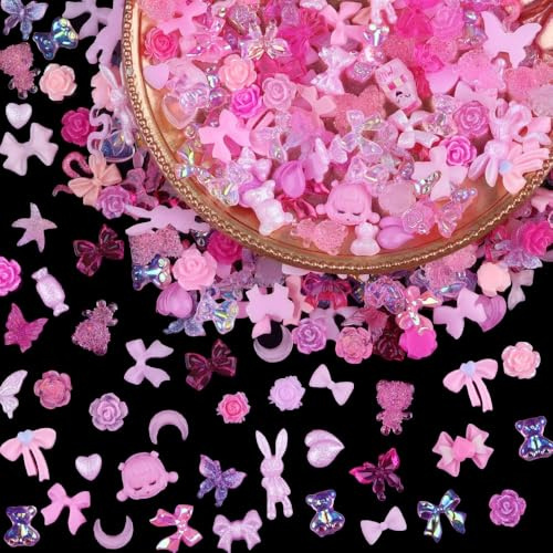 200pcs Nail Charms Pink - 3D Mixture Nail Accessories Supplies - Cute Pink Resin Charms Bulk Set With Bow Butterfly Heart Flower Design - Mini Nail Art Charms For Acrylic Gel Nails DIY Decoration