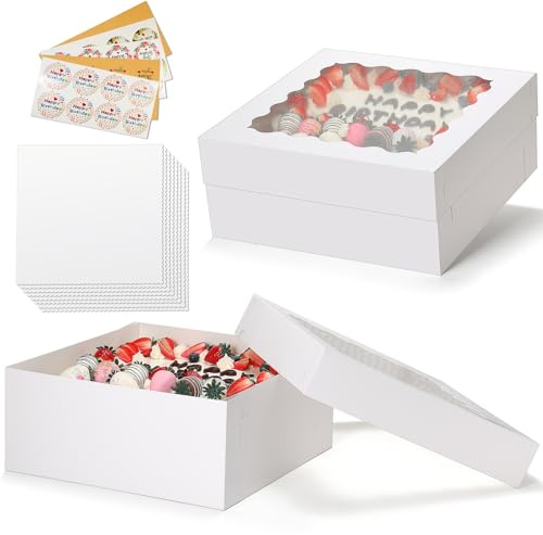 COTOPHER 14x14x6 In Sheet Cake Boxes, 16 Pcs White Bakery Boxes with Large Window (8 Boxes & 8 Boards), Cake Containers for Quarter Cakes, Donuts, Cupcakes, Brownie, Pastry & Pies Packaging