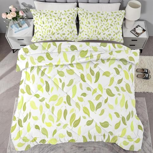 Generico Piumino Singolo Foglie Verdi Trapunte Piante Piumone Imbottito Resistente Lavabile, Super Morbida Trapunta, piumini 160x245 cm in Microfibra Reversibile e 2 Federa 50x80 cm Q237