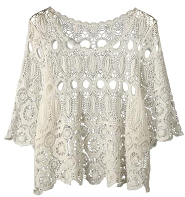 Women's Loose Crochet Cover-Up Lightweight Short Sleeve Lace Top Beach Boho Knitted Blouse for Summer Spring Casual Outing Pullover Dress